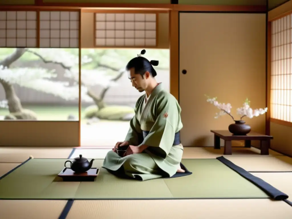 La imagen muestra una ceremonia del té japonesa en un ambiente sereno con un maestro samurái practicando la dieta consciente samurái