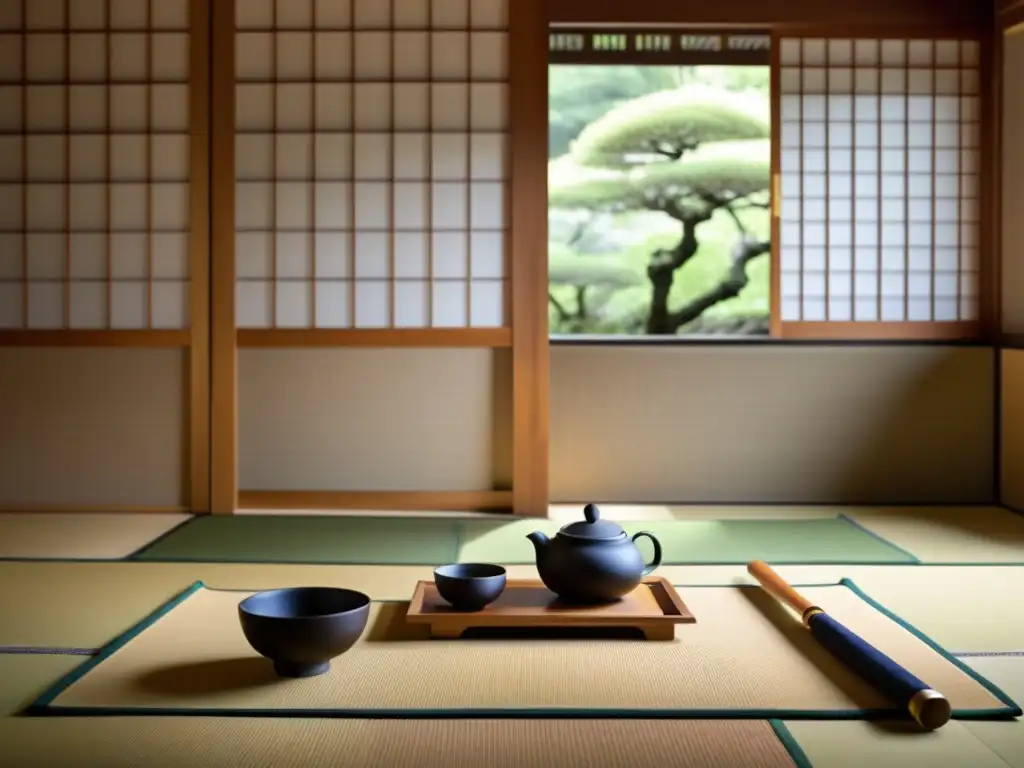 Imagen de una ceremonia del té japonesa en ambiente sereno y minimalista, evocando la filosofía samurái y estética efímera