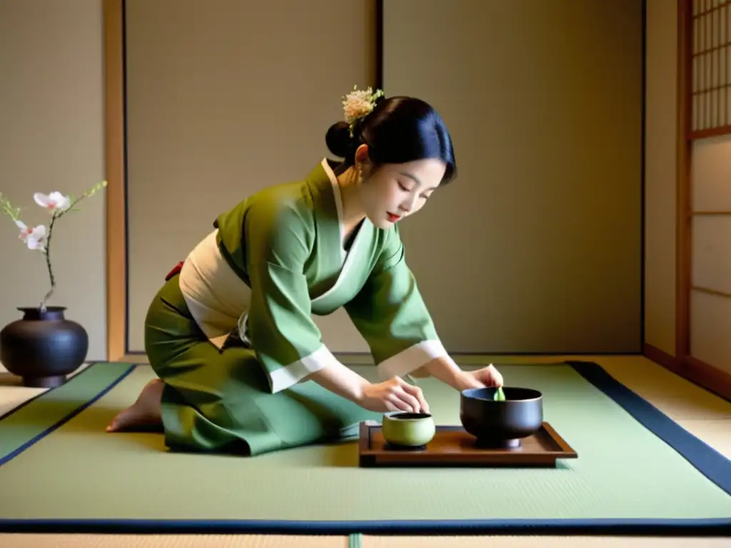 La imagen muestra una ceremonia del té japonesa en una atmósfera serena con una elegante decoración, evocando la importancia de las ceremonias del té en la diplomacia japonesa