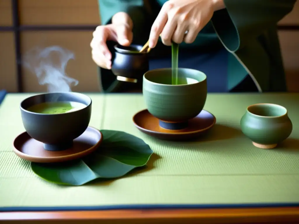 Imagen de una ceremonia del té japonesa, con estética samurái en diseño contemporáneo