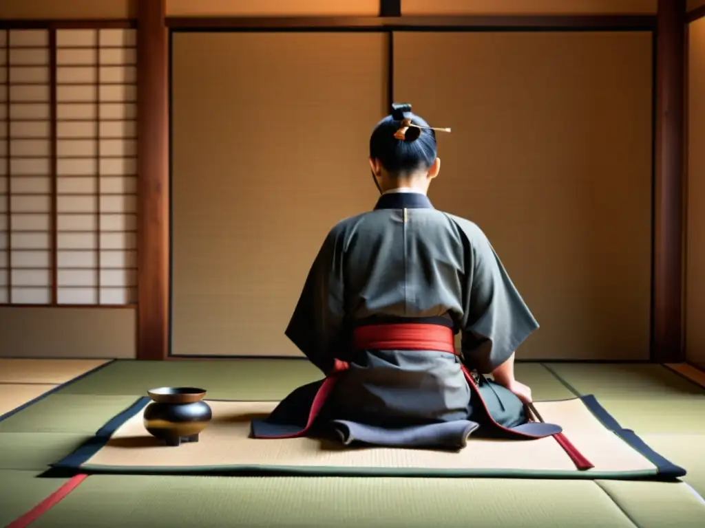 Imagen de ceremonia del té japonesa con líder samurái mostrando disciplina y estrategia en guerras samuráis