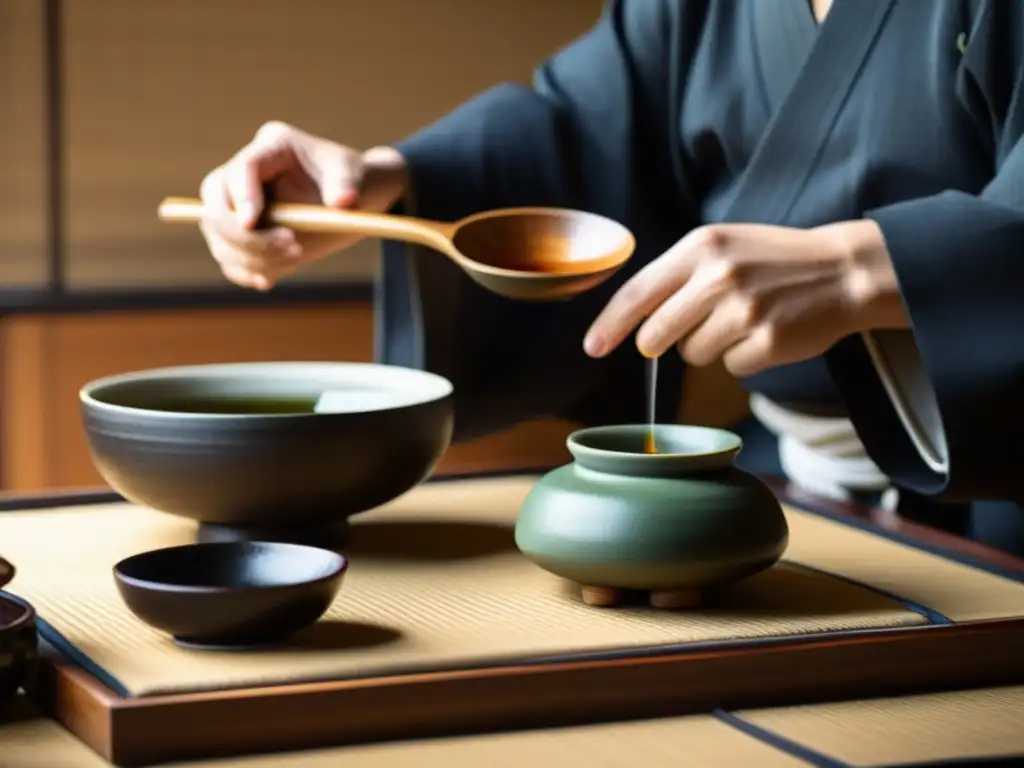 Imagen de una ceremonia del té japonesa, evocando la disciplina samurái para bienestar a través de rituales y tradiciones meditativas