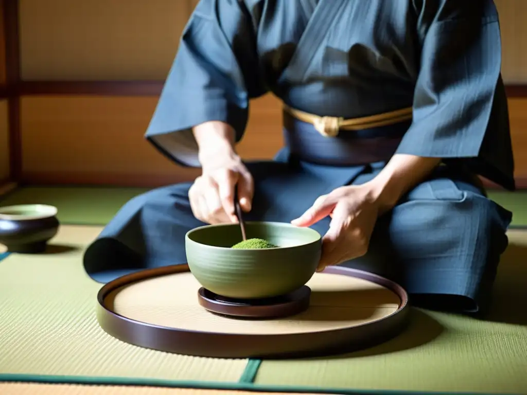 Imagen de una ceremonia del té japonesa en una habitación de tatami serena, evocando la vida diaria samurái era Edo