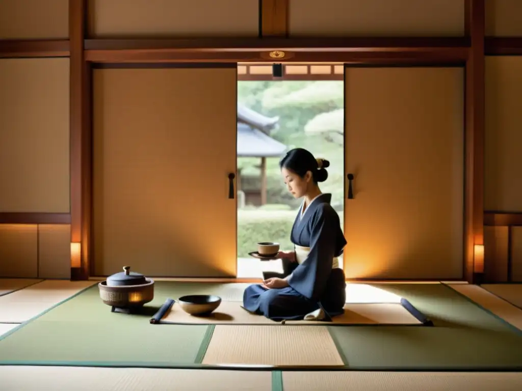 Imagen de una ceremonia del té japonesa en una habitación de tatami, iluminada suavemente