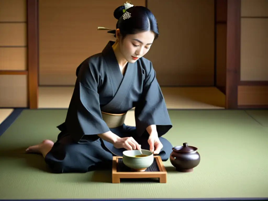 Imagen de una ceremonia del té japonesa, con influencia samurái en etiqueta