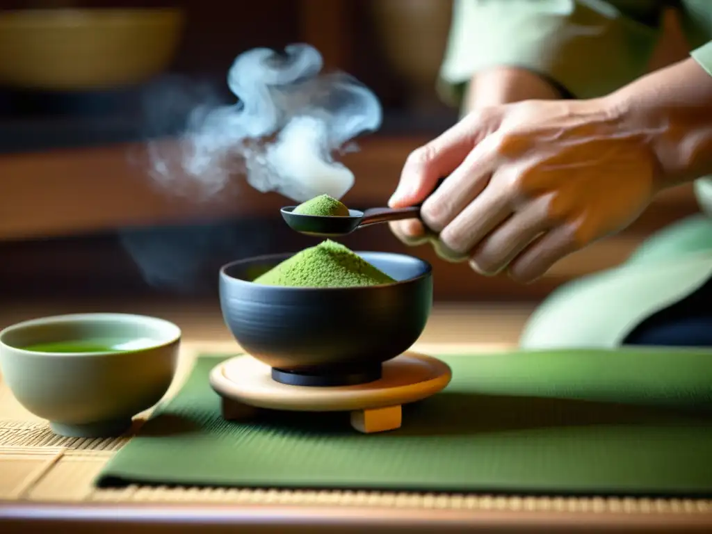 Imagen de una ceremonia del té japonesa, destacando la influencia zen en la cocina samurái con precisión y calma