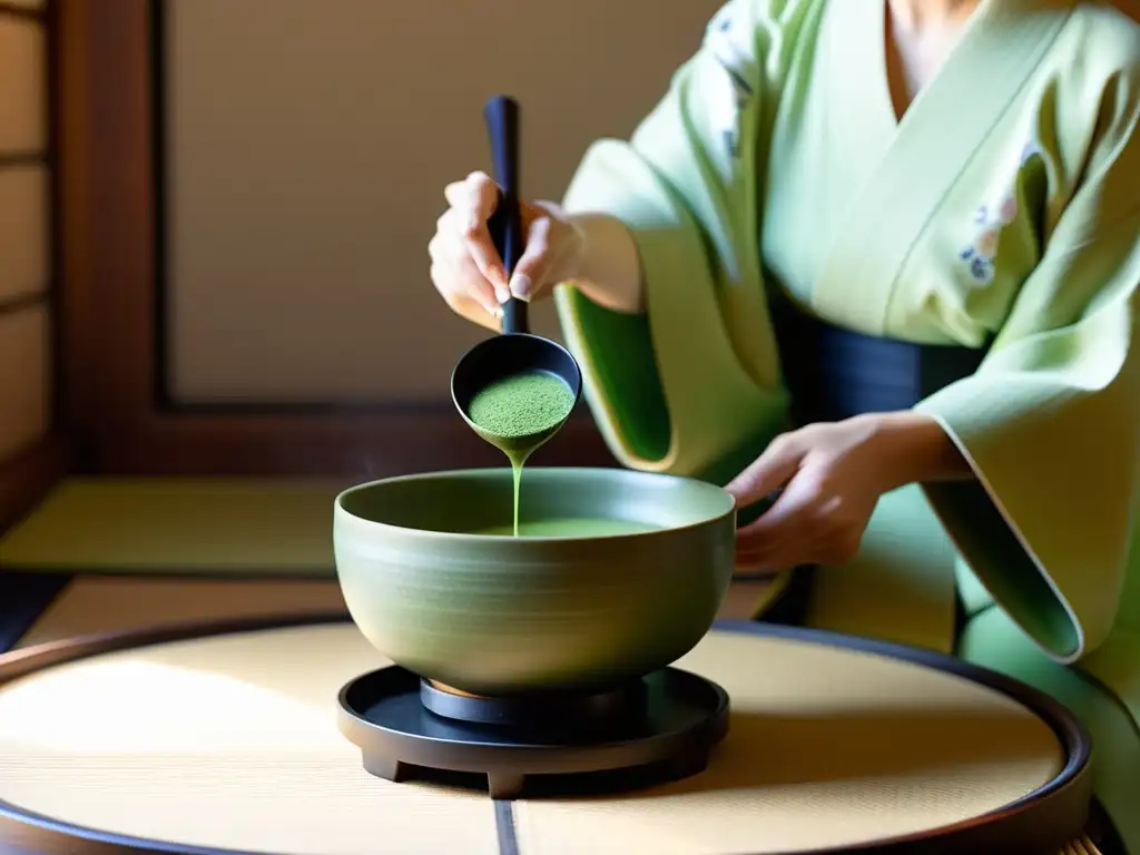 La imagen muestra una ceremonia del té japonesa con influencia femenina, con una maestra del té preparando matcha en una habitación serena de tatami