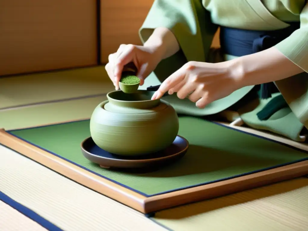 La imagen muestra una ceremonia del té japonesa con influencia samurái en etiqueta, reflejando serenidad y atención al detalle