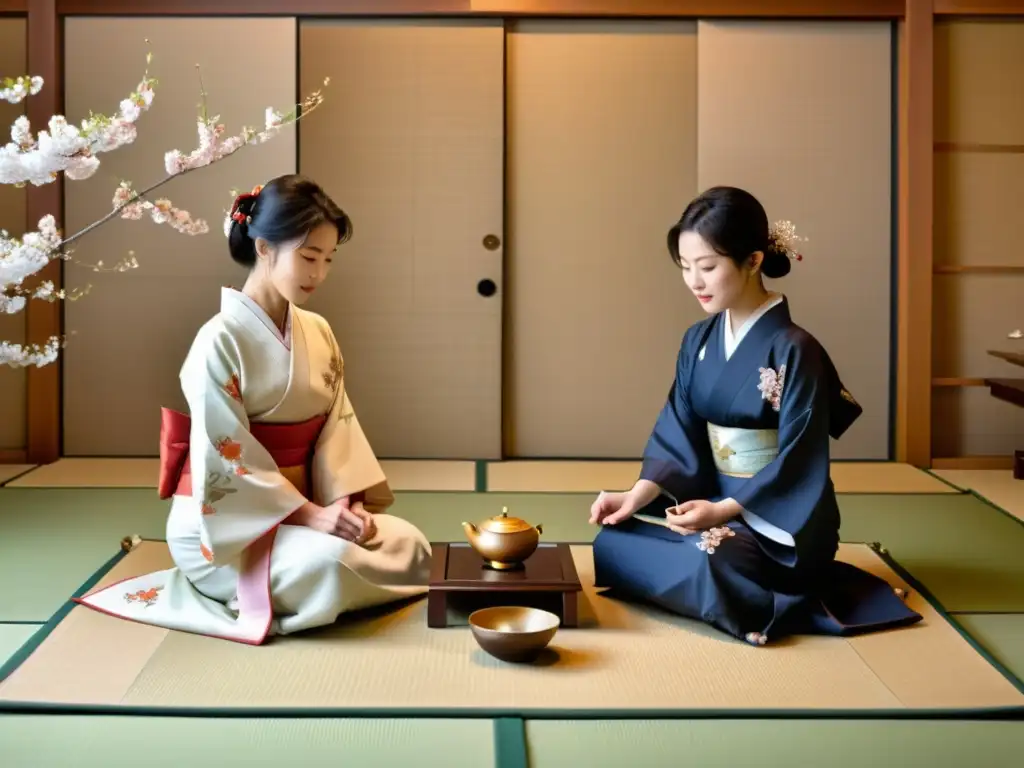 Imagen de una ceremonia del té japonesa con intercambio de presentes y atmósfera de diplomacia samurái