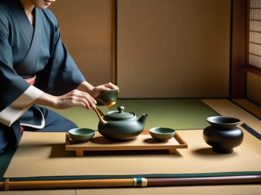 Imagen 8k de una ceremonia del té japonesa, con movimientos delicados y atmósfera serena