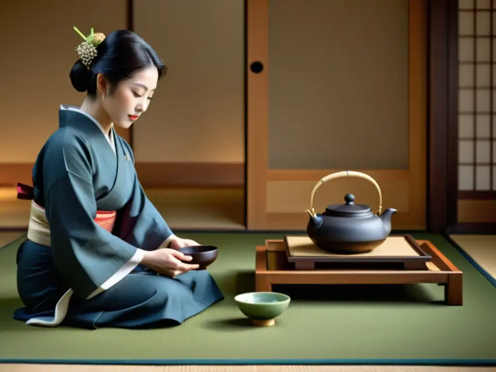 Imagen de una ceremonia del té japonesa, con movimientos precisos y gracia, reflejando la tranquilidad y reverencia de la cultura japonesa