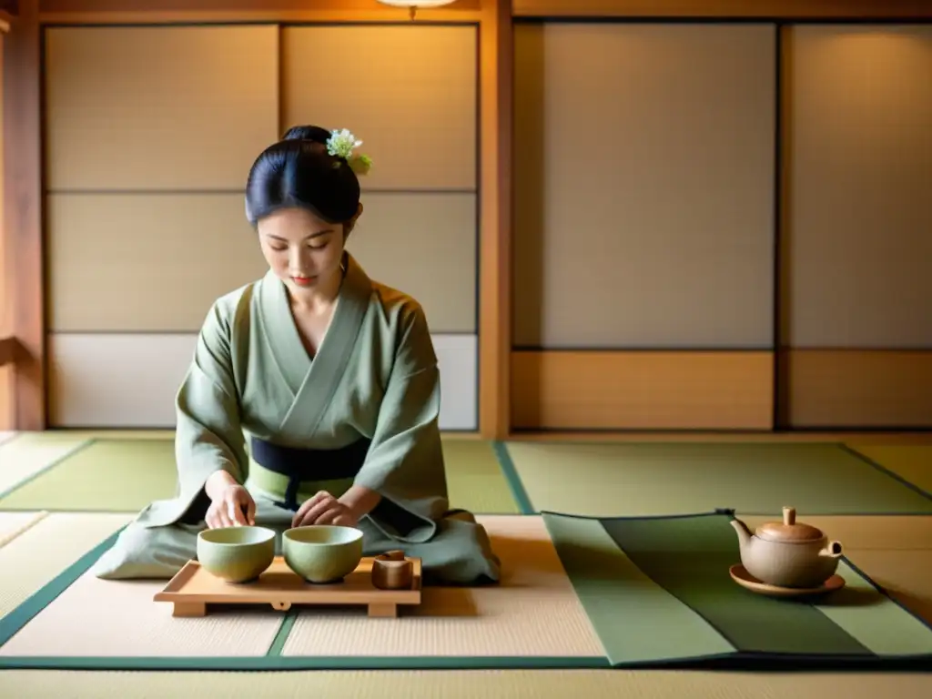 La imagen muestra una ceremonia del té japonesa en una sala minimalista, con luz natural filtrándose por las pantallas shoji