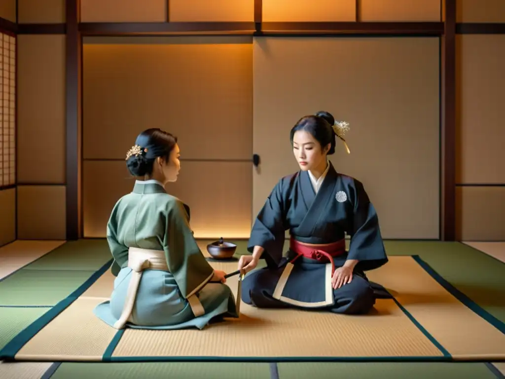 Imagen 8k de una ceremonia del té japonesa con un samurái y una anfitriona en kimono, reflejando la reverencia y mindfulness de este ritual