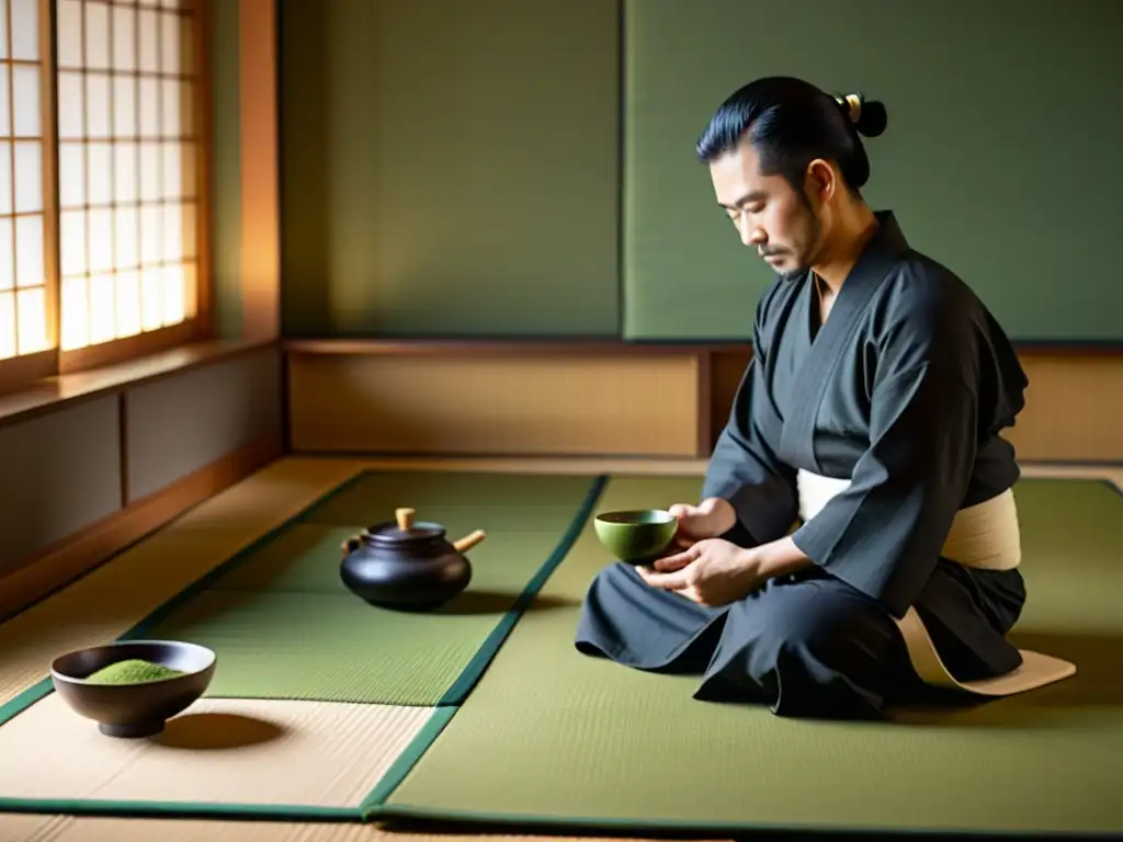 Serena ceremonia del té japonés en 8k Una imagen en 8k de una ceremonia del té japonesa en una habitación tatami, con samuráis en silencio