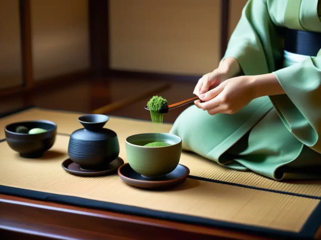 Una imagen de una ceremonia del té japonesa capturando la serenidad y elegancia de la práctica