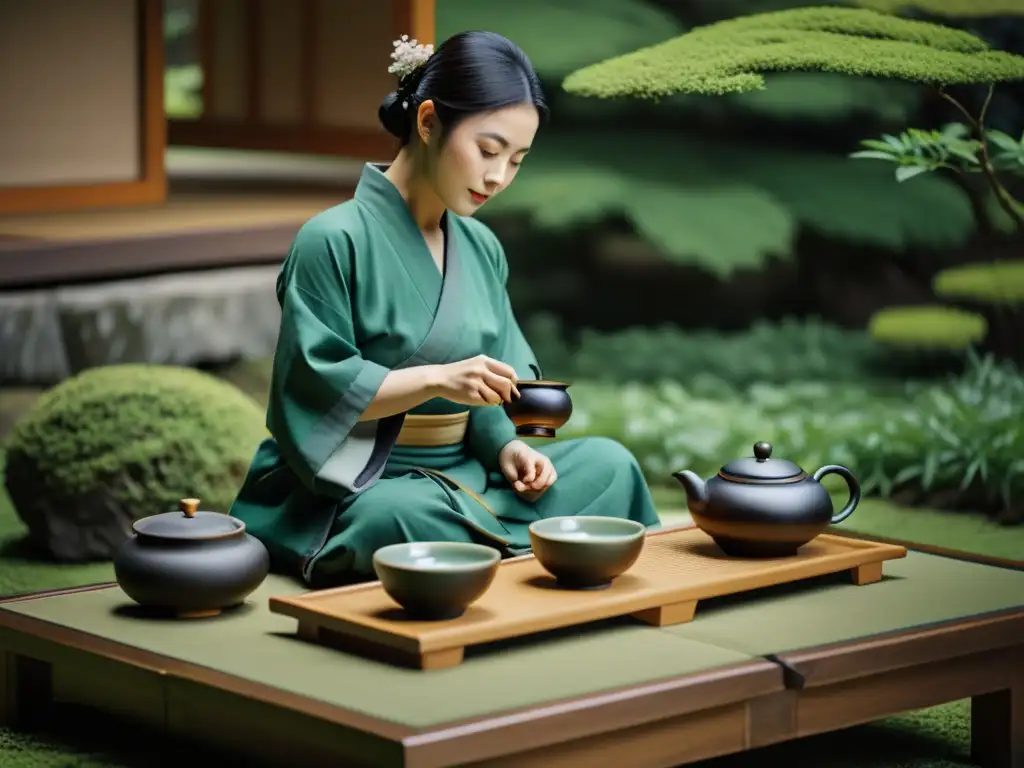 Imagen 8k de una ceremonia del té japonesa en jardín sereno, reflejando la esencia de la Ética samurái en negociaciones internacionales