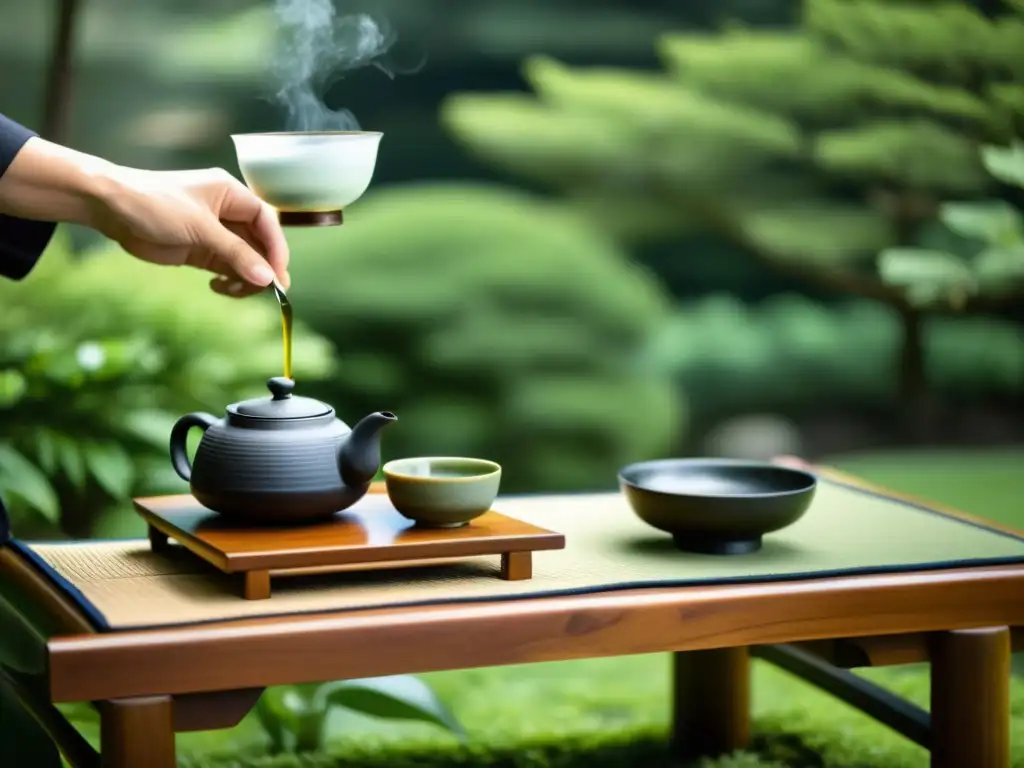 Imagen de una ceremonia del té japonesa en un jardín sereno, con movimientos precisos del maestro