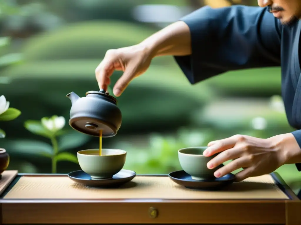 Imagen de una ceremonia del té japonesa en un jardín sereno, destacando la influencia Zen en las tácticas de guerra samurái