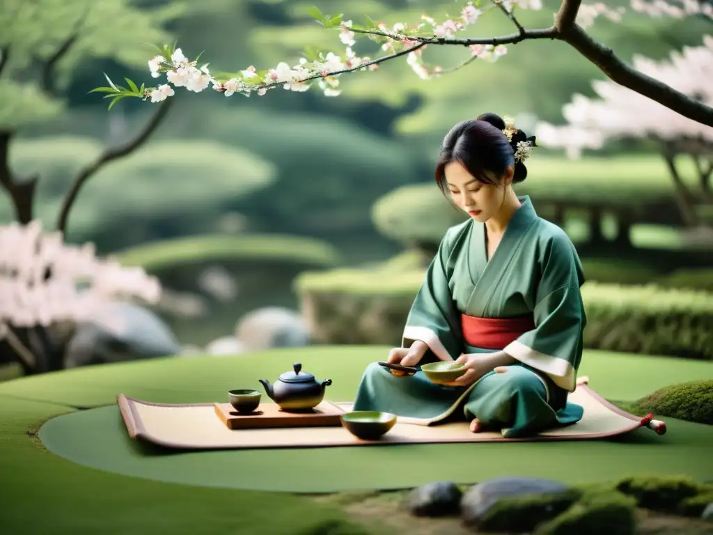 Imagen de una ceremonia del té japonesa en un jardín sereno, capturando la filosofía samurái en novelas gráficas con precisión y gracia