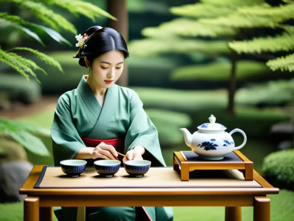 Imagen de una ceremonia del té japonesa en un jardín sereno, destacando la influencia contemporánea de la jerarquía samurái