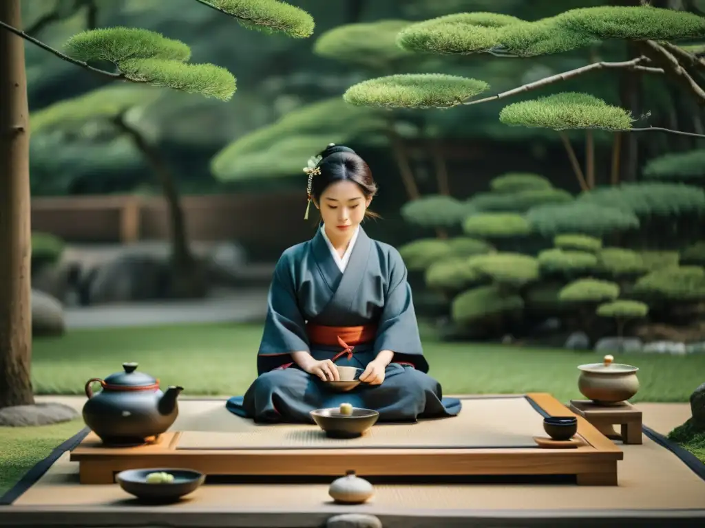 Imagen en 8k de una ceremonia del té japonesa en un jardín sereno, destacando movimientos precisos y disciplinados