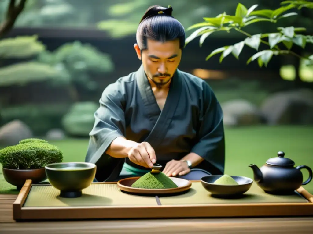 Imagen en 8k de una ceremonia del té japonesa tradicional en un jardín sereno, con la filosofía del Bushido en la cultura samurái