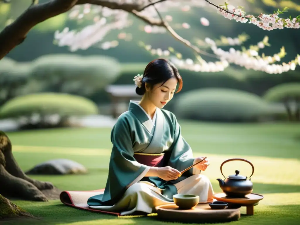 Imagen de una ceremonia del té japonesa en un jardín tranquilo, con influencia zen y ética samurái