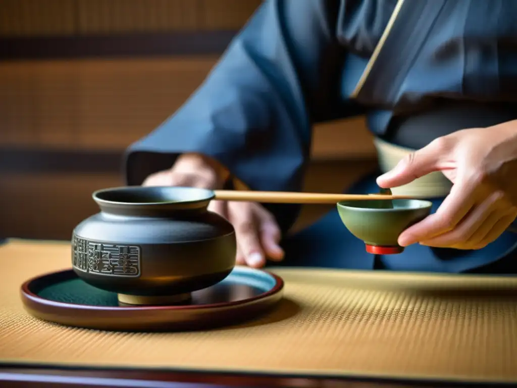 Imagen de una ceremonia del té japonesa, con utensilios y movimientos elegantes, resaltando la gastronomía samurái estética cultural