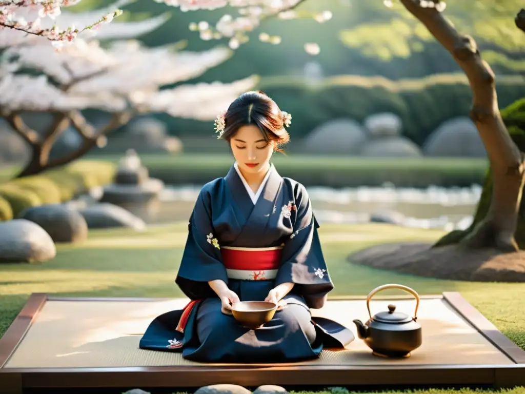 La imagen muestra una ceremonia tradicional japonesa con un guerrero samurái en contemplación, rodeado de cerezos en flor