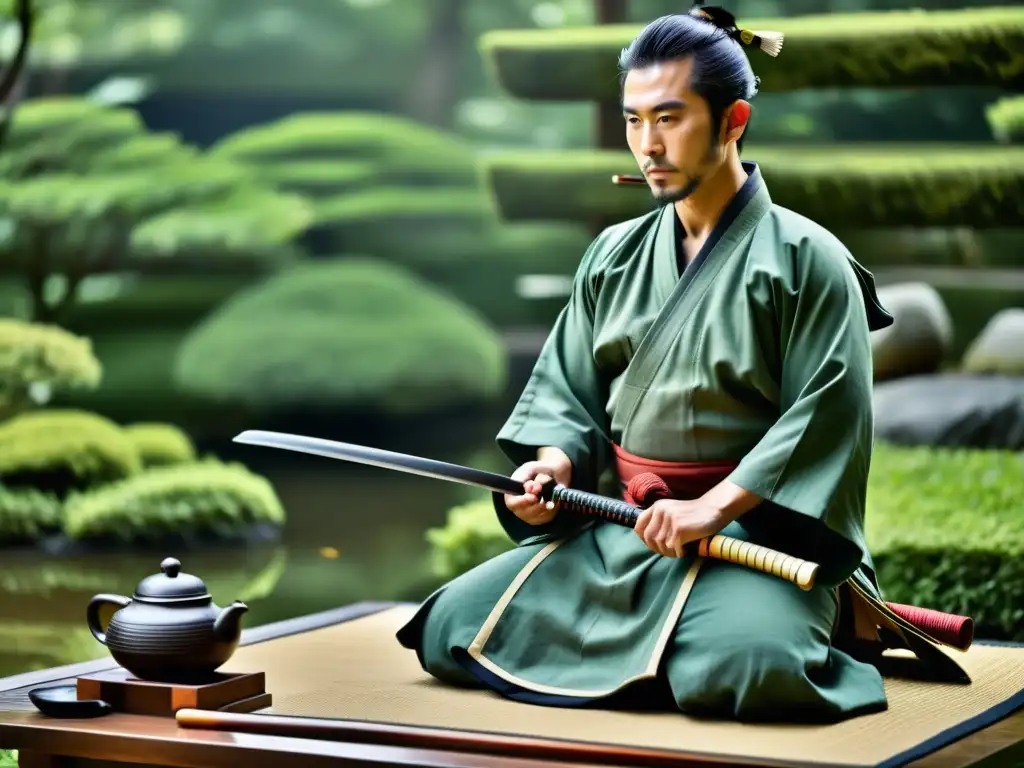 Imagen de un ceremonial del té japonés con un samurái observando atentamente, comparando códigos de honor samurái y templarios en un jardín sereno