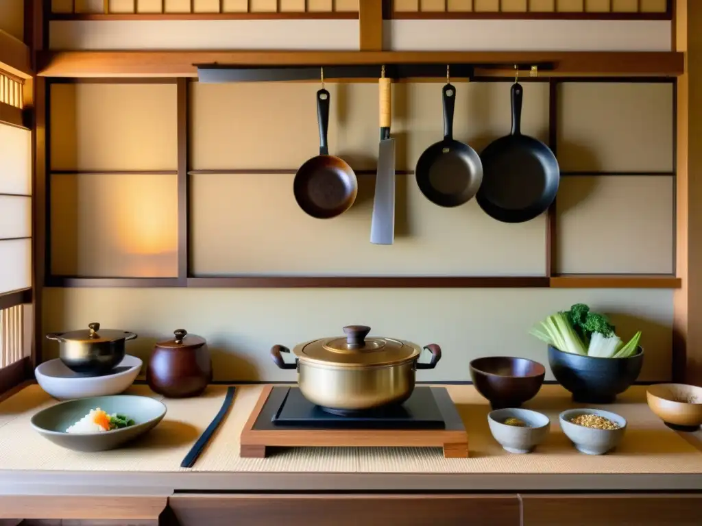 Imagen de una cocina japonesa tradicional con ingredientes y una espada samurái en un ambiente cálido y reverente