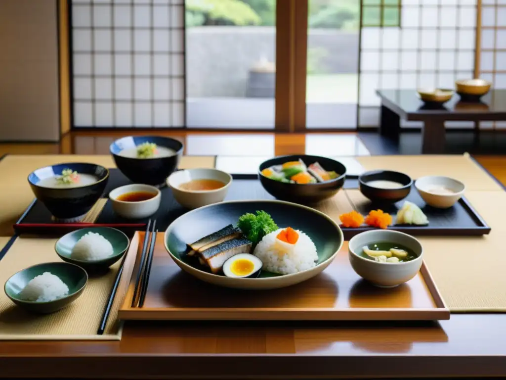 Una imagen de una comida japonesa tradicional en una mesa baja, evocando la elegancia de la dieta tradicional samurái