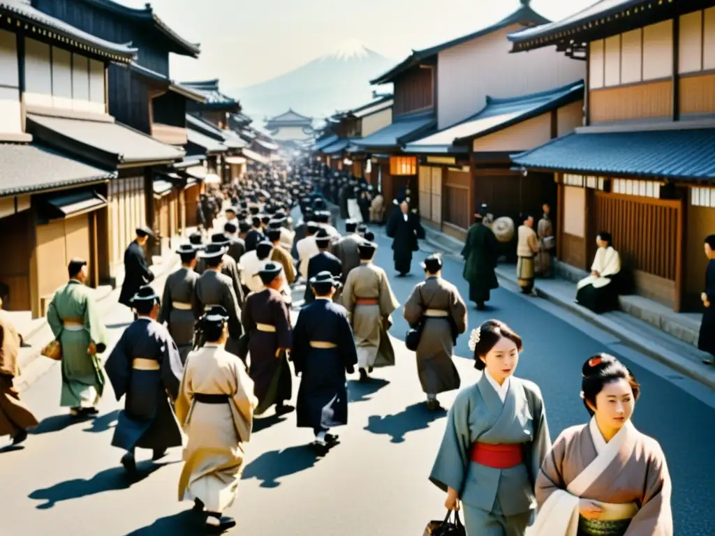 Imagen sepia de una concurrida calle japonesa del siglo XIX, reflejando la agitación previa a la Restauración Imperial Japonesa