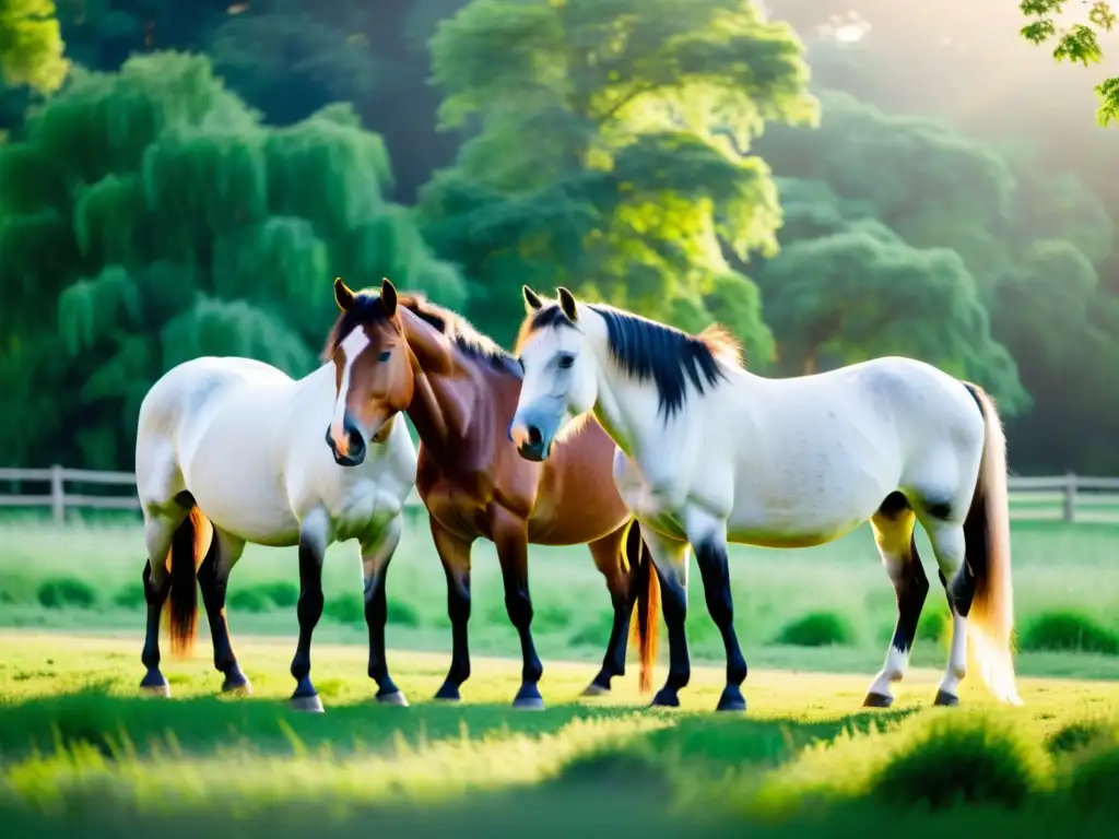 Imagen de crianza de caballos samurái en un prado exuberante, bajo la suave luz matutina, mostrando su poder y gracia