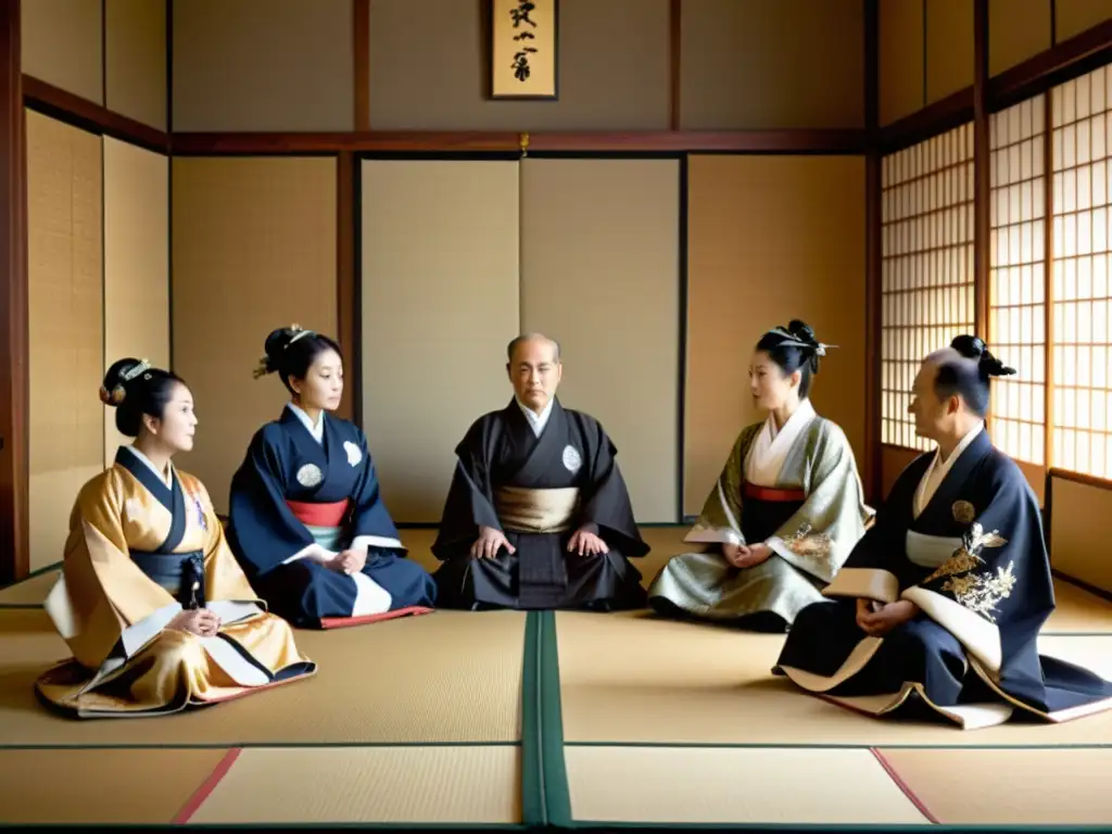 Imagen de Daimyo en el Ajedrez Político: Daimyo en sala japonesa, con autoridad y sabiduría