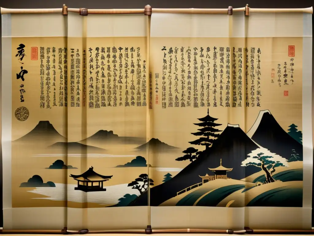 Imagen detallada de un antiguo pergamino japonés que ilustra la leyenda de los 47 rōnin, transmitiendo la esencia histórica y literaria de Chūshingura