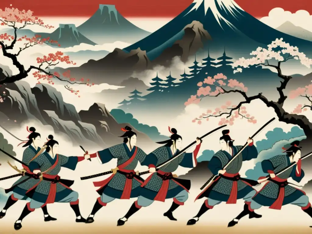 Imagen detallada de antiguo pergamino japonés con épica batalla de samuráis entre cerezos en flor y montañas neblinosas, evocando mitos samurái literatura clásica