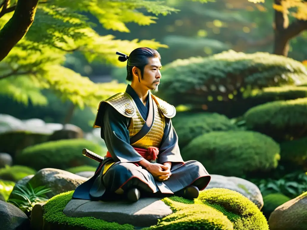 Imagen detallada de un antiguo samurái meditando en un jardín japonés tranquilo y exuberante