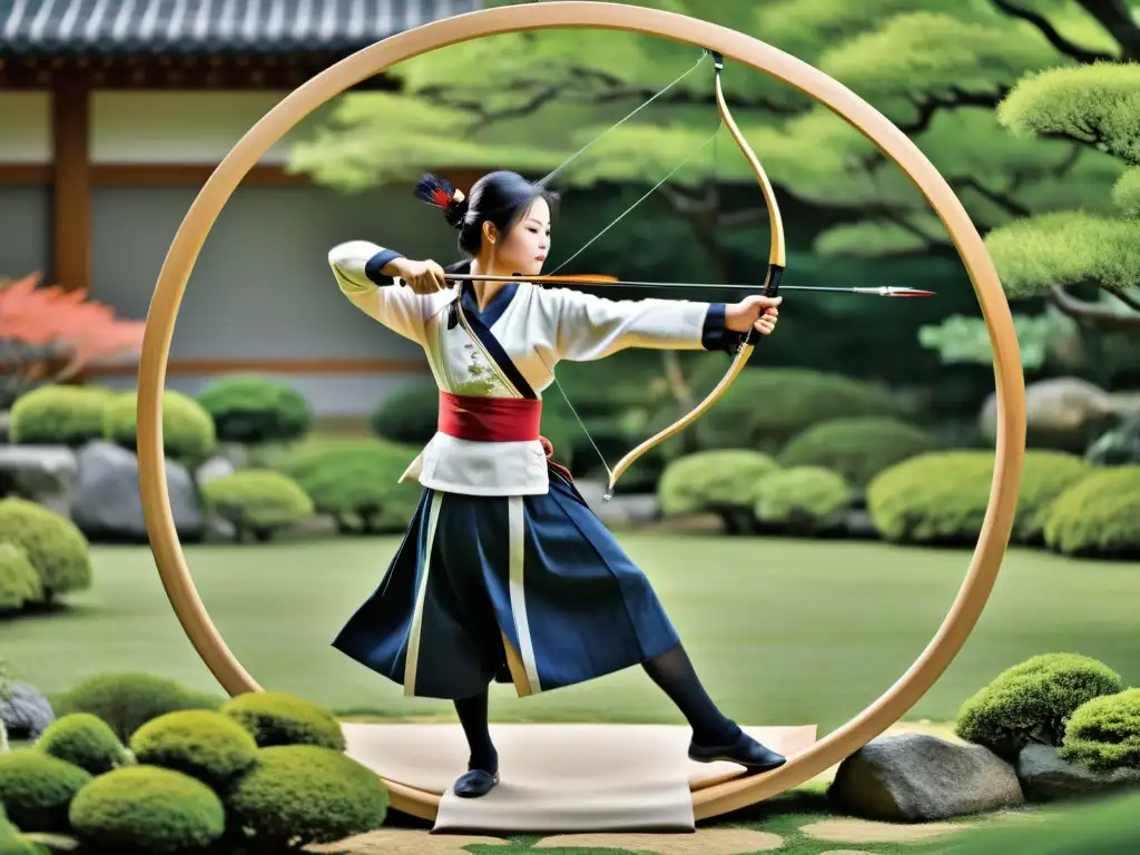 Imagen detallada de un arquero Kyudo en un jardín japonés, mostrando postura y etiqueta en Kyudo con precisión y serenidad