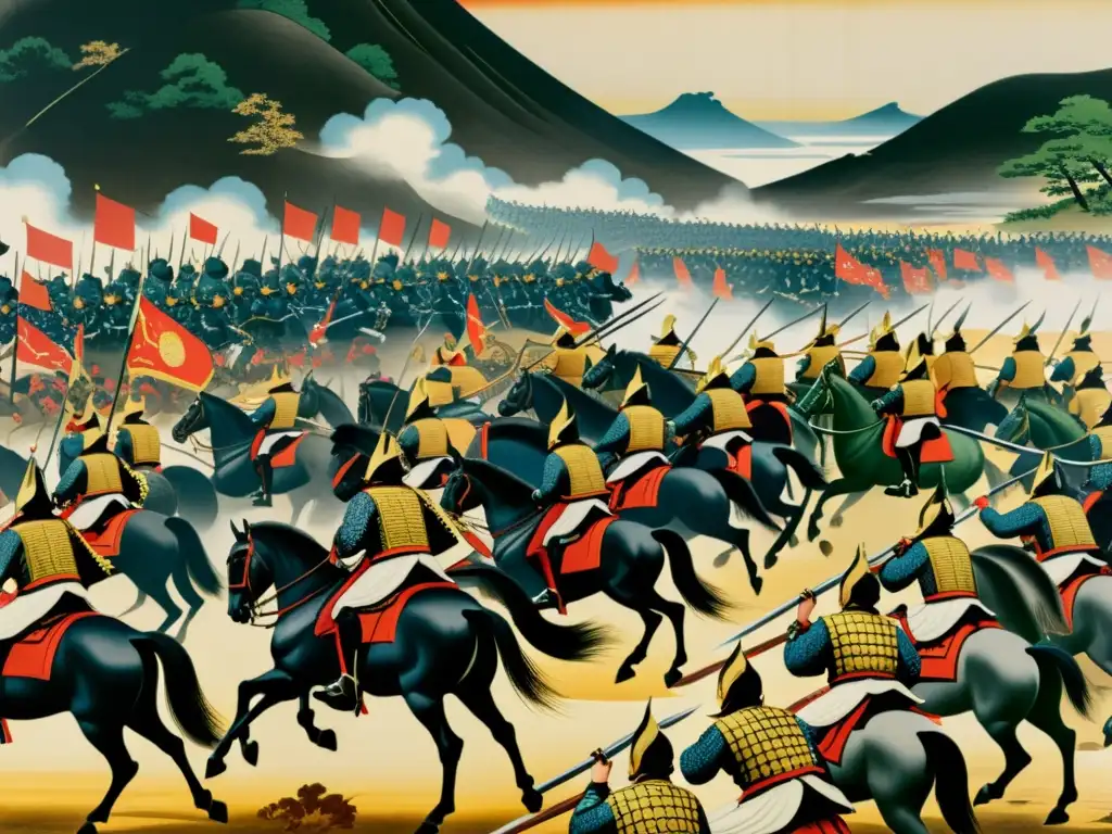 Batalla épica de Oda Nobunaga en el período Sengoku Imagen detallada de la batalla de Oda Nobunaga en el periodo Sengoku, mostrando la intensa lucha de los samuráis y su liderazgo histórico