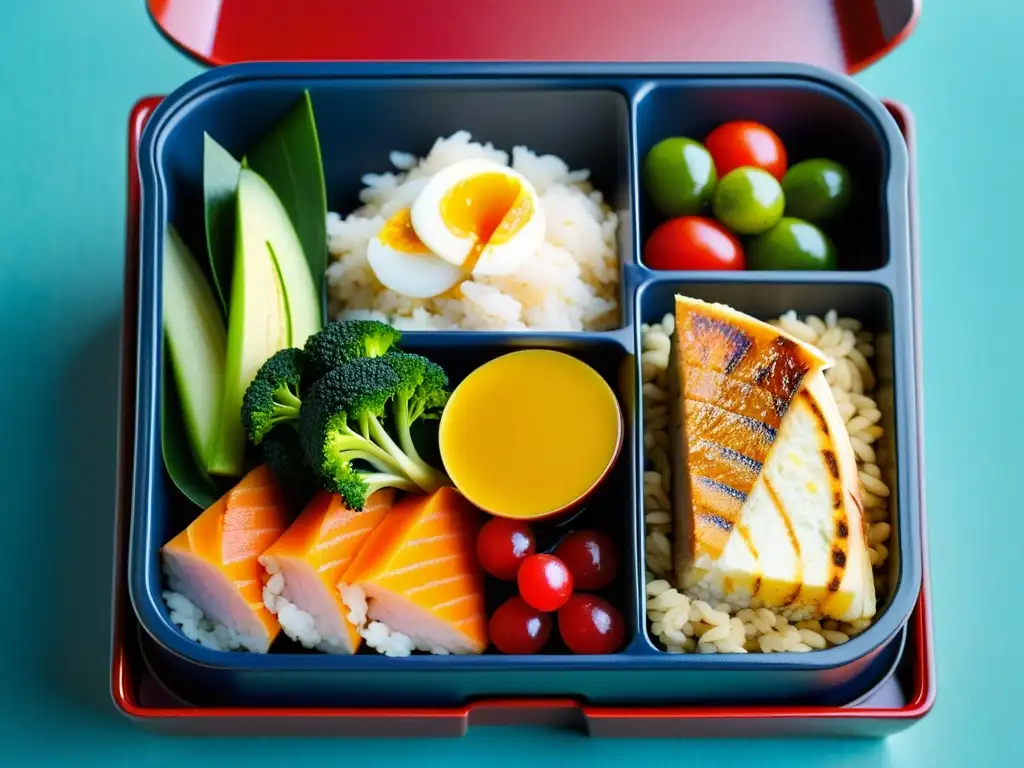 Una imagen detallada de un bento japonés tradicional, reflejo de la precisión y disciplina de la Dieta Bushido: Fuerza y Agilidad