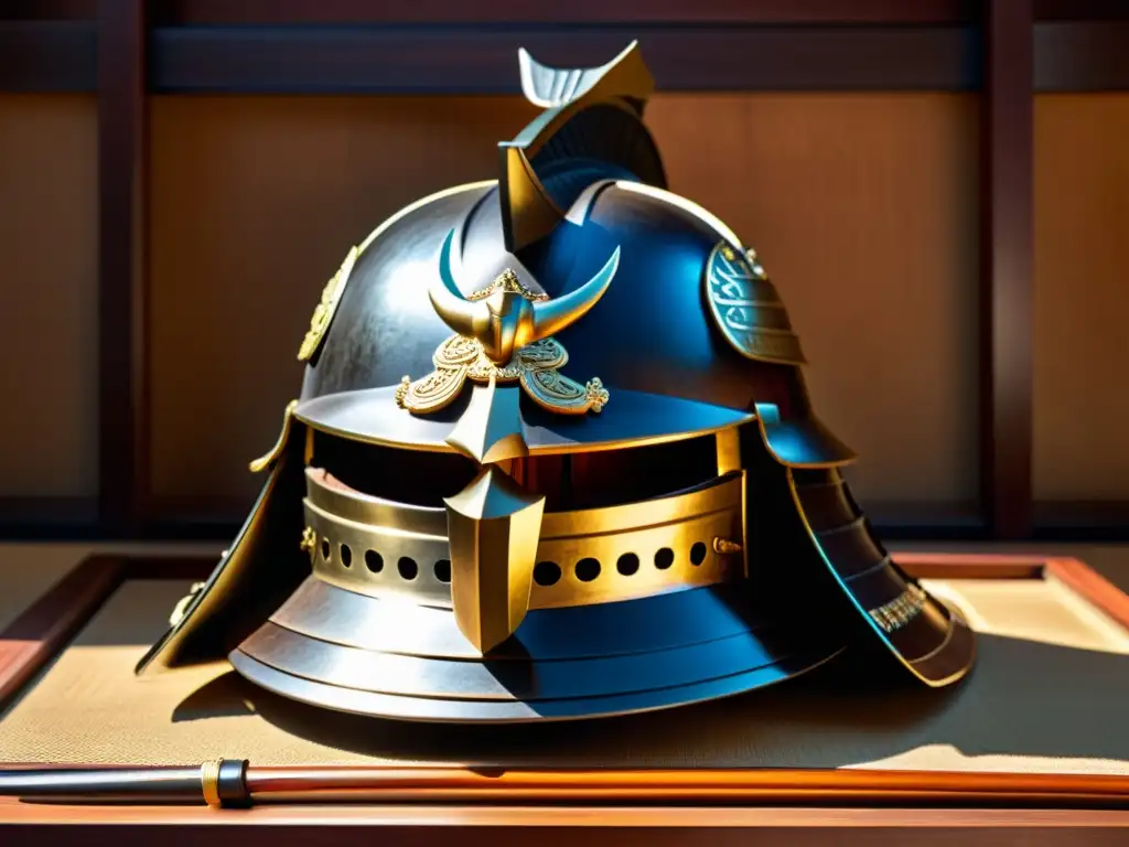 Detalle impresionante de un casco samurái antiguo Una imagen detallada de un casco samurái tradicional, con cicatrices de batalla y detalles intrincados