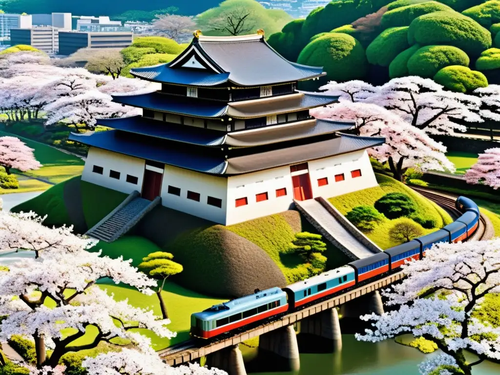 Imagen detallada: Castillo japonés y cerezos en flor contrastan con tecnología occidental, simbolizando la caída del Shogunato y avances tecnológicos