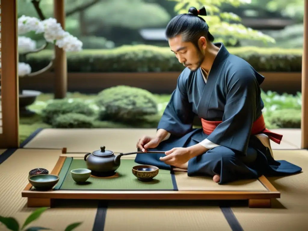 Imagen 8k detallada de ceremonia del té japonesa en jardín sereno con samurái en contemplación