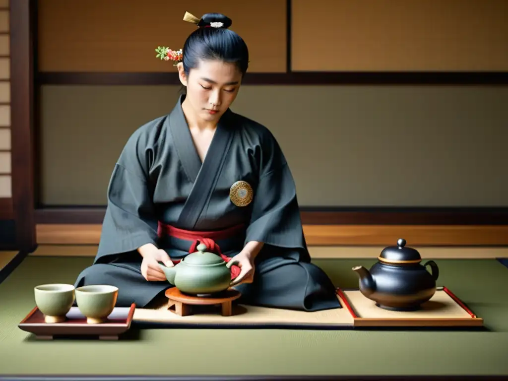 Imagen detallada de una ceremonia del té japonesa, con un joven samurái participando