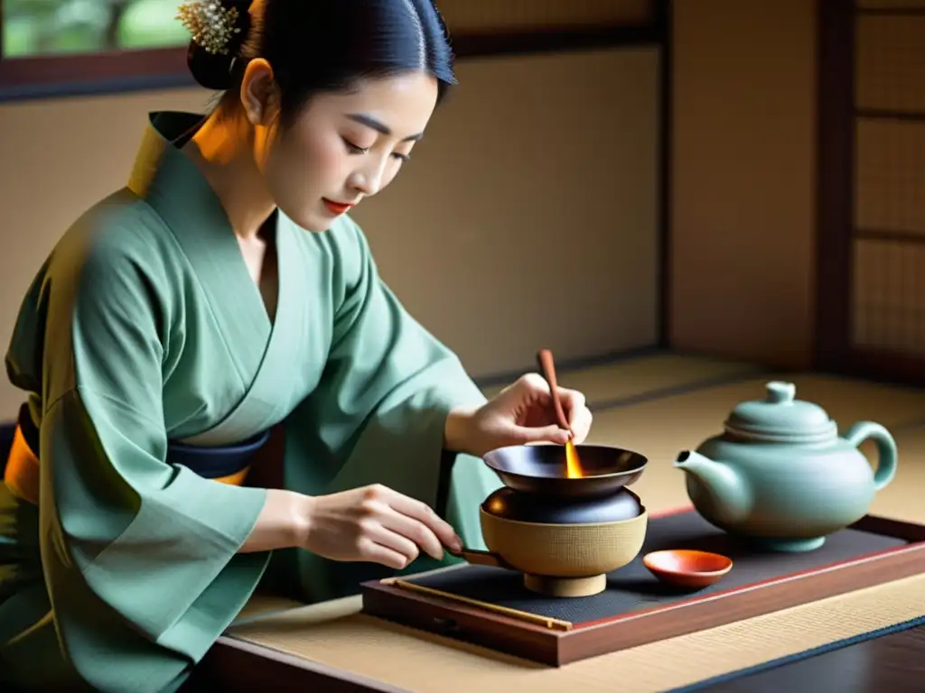 Imagen detallada de una ceremonia del té japonesa tradicional, con movimientos precisos y tranquilos