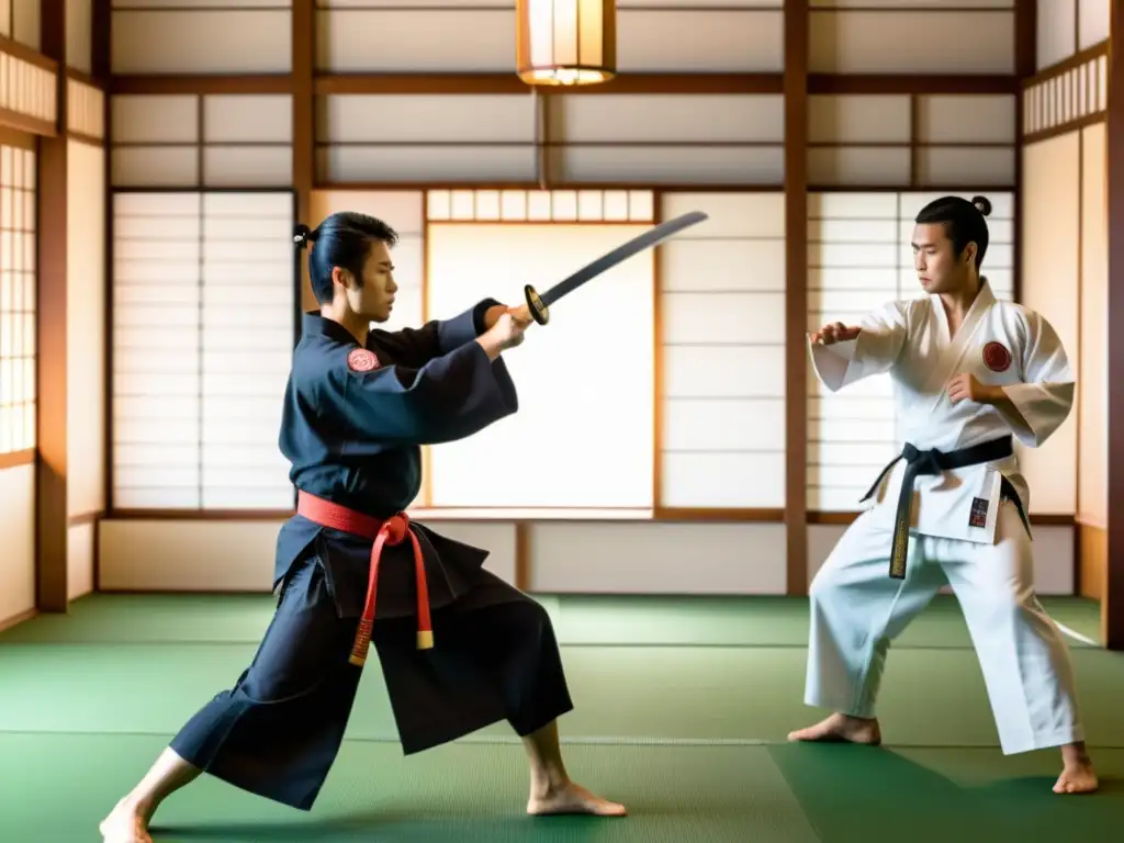 Una imagen detallada de un dojo de artes marciales moderno, con estudiantes practicando técnicas de espada bajo la guía de un sensei