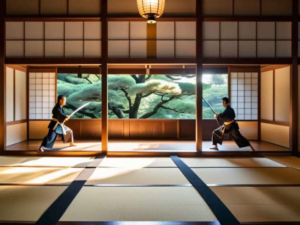 Imagen detallada de un dojo japonés tradicional con artistas marciales practicando el arte del Naginatajutsu en un ambiente sereno y enfocado