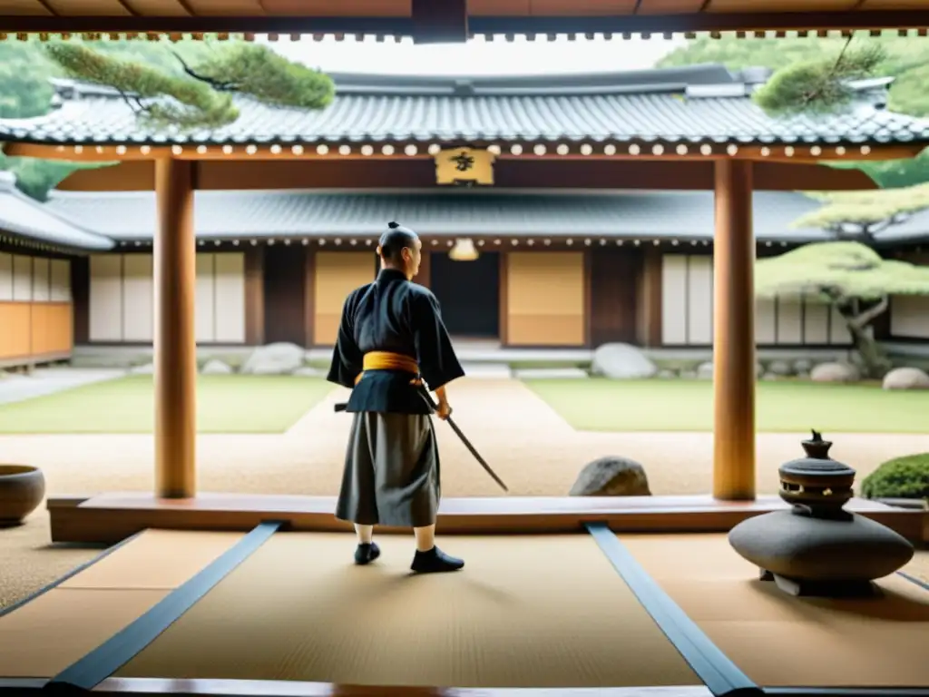 Imagen 8k detallada de un dojo japonés tradicional con jardín sereno, sensei y estudiantes practicando artes marciales en la cultura samurái