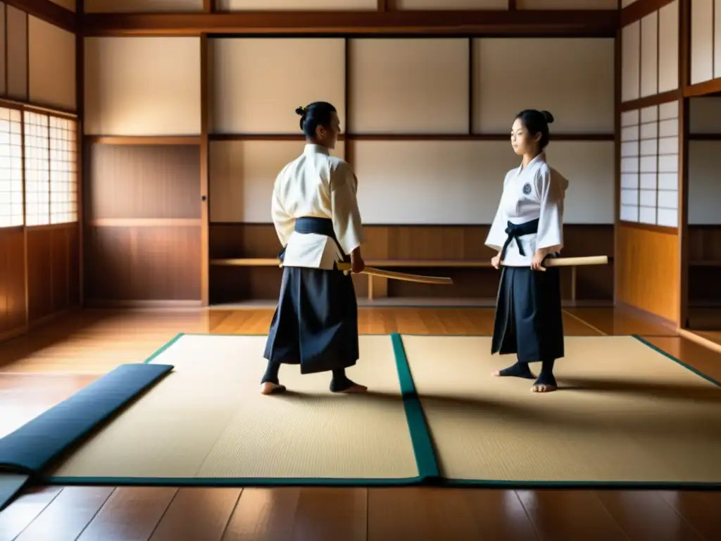 Imagen detallada de un dojo japonés tradicional con estudiantes practicando naginata bajo la guía de un sensei